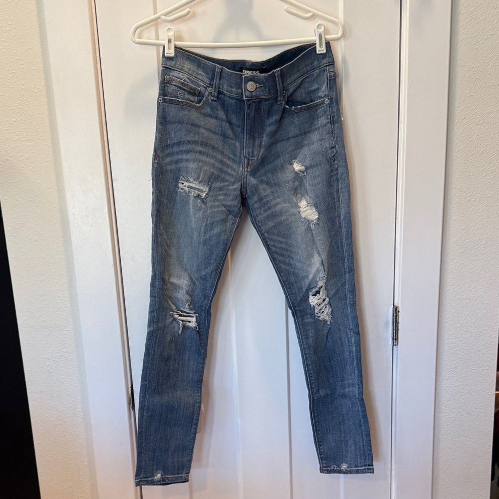 Express Women's Skinny Jeans - Distressed Blue